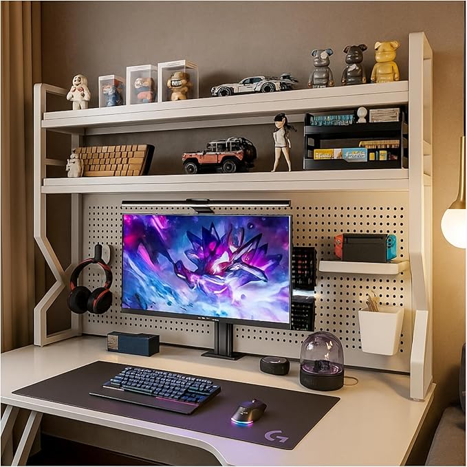 Desktop Hutch Bookshelf,Many Gifts,Metal Desktop Bookcase with pegboard, Desk Shelf, Countertop Storage Organizer Rack for Dorm or Office,Desktop Shelves (White, 37.4" Lx9.9 Wx39 H)