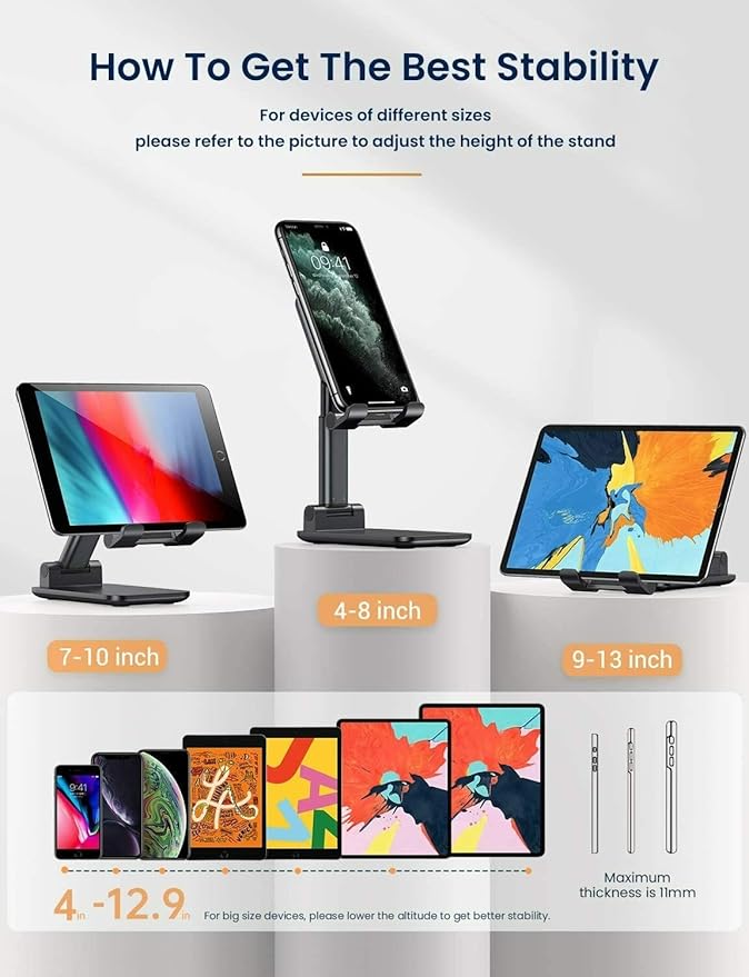 Cell Phone Tablet Stand Mount Fully Foldable Dock Holder Cradle Charger Station Desk Room Office School Kitchen Travel Portable Adjustable Multi-Angle Non-Slip Durable Stable (Black)
