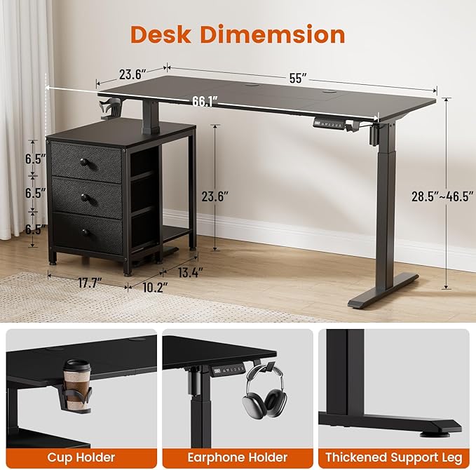 REAHOME Electric Standing Desk with Drawers, 55 x 24 Inches Height Adjustable Sit Stand Desk with Storage, 3 Memory Preset Home Office Computer Desk, Printer Cabinet, 2 Hooks, Cable Management, Black