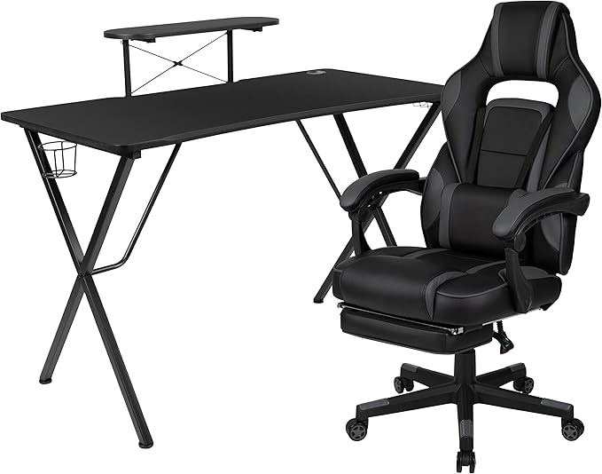 Flash Furniture Optis Black Gaming Desk with Cup Holder/Headphone Hook/Monitor Stand & Black Reclining Back/Arms Gaming Chair with Footrest