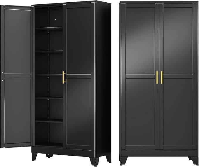 75" Metal Storage Cabinet with Adjustable Leveling Foot,Garage Storage Cabinets with 2 Doors and 5 Adjustable Shelves, Black Steel Cabinet for Office,Home,Garage (Widen)