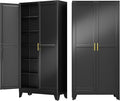75" Metal Storage Cabinet with Adjustable Leveling Foot,Garage Storage Cabinets with 2 Doors and 5 Adjustable Shelves, Black Steel Cabinet for Office,Home,Garage (Widen)