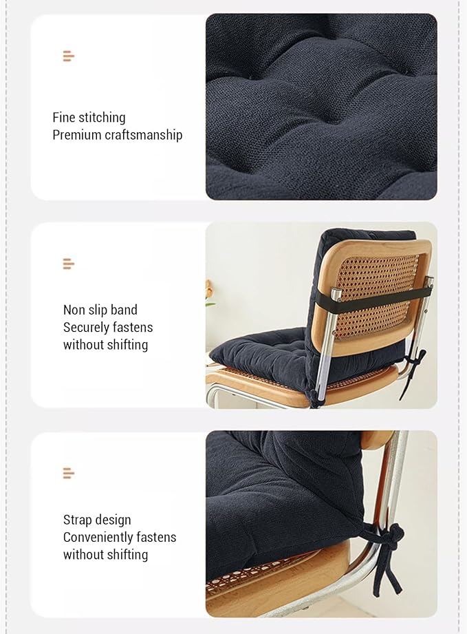 Seat Cushion with Back Support, 31.5 Inch Chenille and PP Cotton Integrated Chair Pad with Fixed Strap for Office Desk and Dining Chairs (Black)