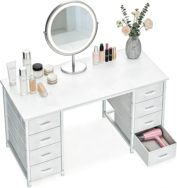 Casaottima 48 Inches Vanity Desk with 8 Fabric Drawers, Modern Office Desk with Large Storage for Home Office, Study, White