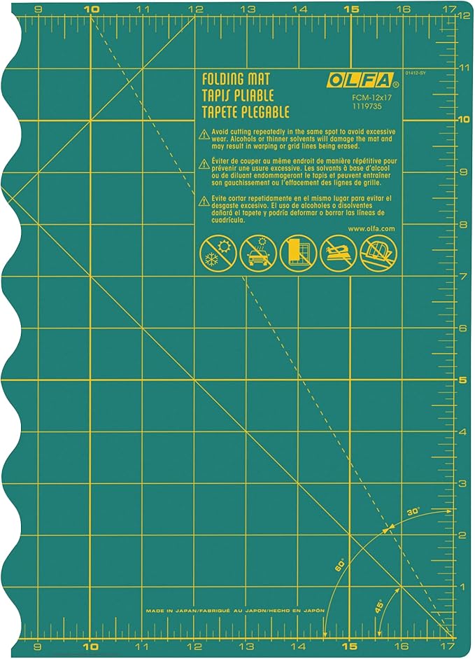 OLFA 12" x 17" Folding Cutting Mat (FCM-12x17) - Self Healing 12x17 Inch Foldable Rotary Mat with Grid for Quilting, Sewing, Fabric, & Crafts, Use with Rotary Cutters & Fixed Blade Knives (Green)