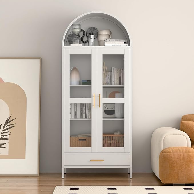 VEXPOR 73" Tall Arched Display Cabinet with Glass Doors, Metal Arched Curio Cabinet with Drawer for Living Room, Home Office, Assembly Required, White