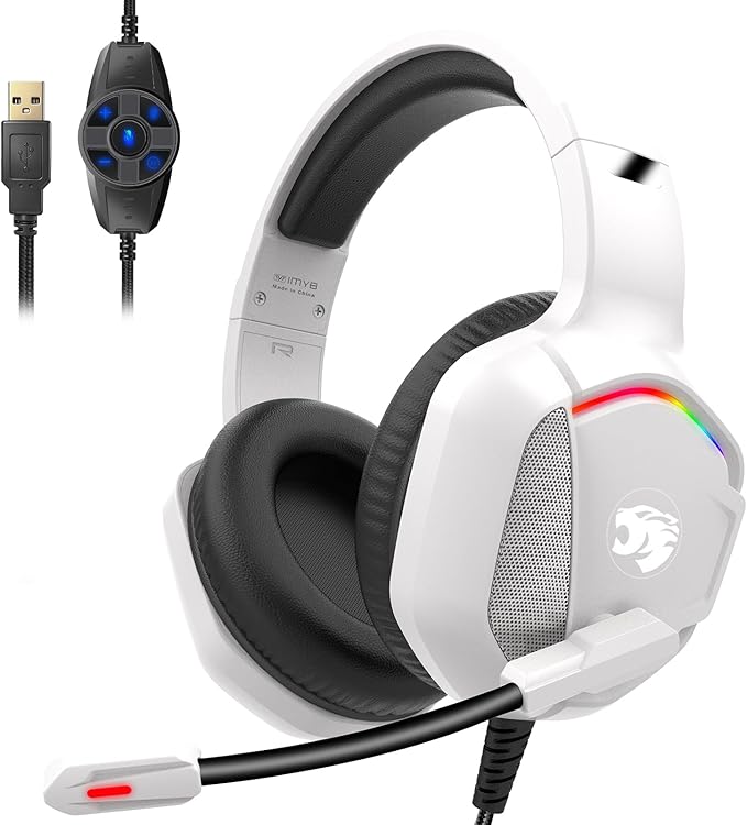 7.1 Gaming Headset with Microphone for Pc, Xbox One Series X/s, Ps4, Ps5, Switch, Stereo Wired Noise Cancelling Over-Ear Headphones with Mic, RGB, for Computer, Laptop, Mac, Nintendo (White Pro)
