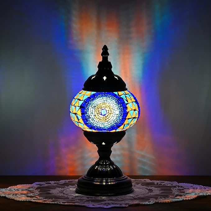 GOGERS Turkish Moroccan Table Lamp Lantern with Handmade Mosaic Glass Lampshade Tiffany Style Bohemian Stained Glass Decorative Desk Lamps Bedside Night Lights for Bedroom (Blue Colorful)
