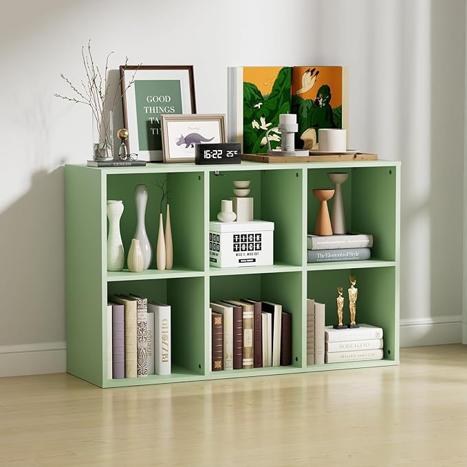 Wooden 6 Cube Storage Organizer with Closed Back Panel, Modern Open Cube Storage Shelf Bookshelf with Compartments, Cube Shelf Organizer for Living Room, Bedroom, Study Room (Green)