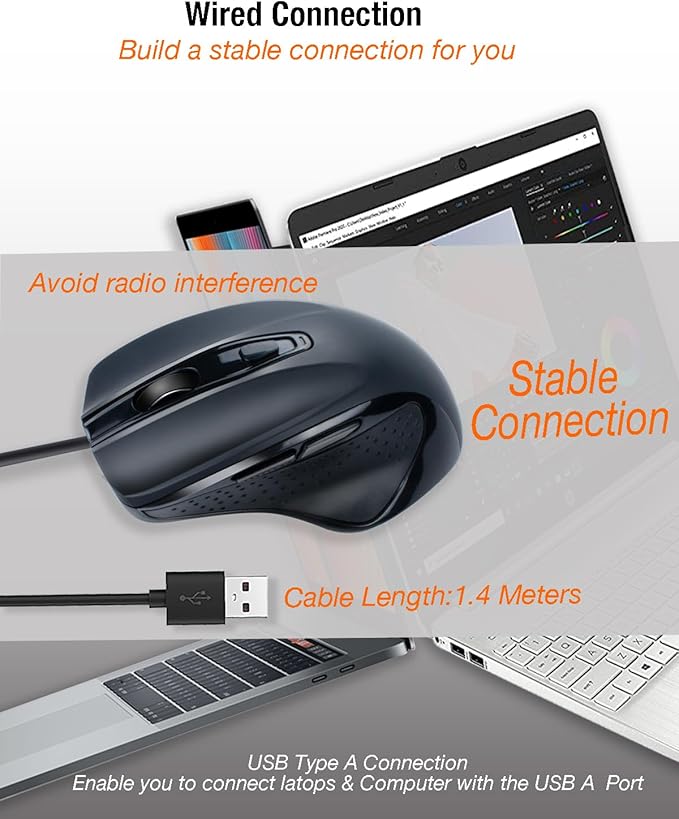 USB Wired Mouse, Large Size Ergonomic Gaming and Office Mouse with 6 Buttons, 4 Level DPI Adjustable, Page Down& UP Button, 1.5 Meters Cable for MacBook, Windows Laptop(Black)