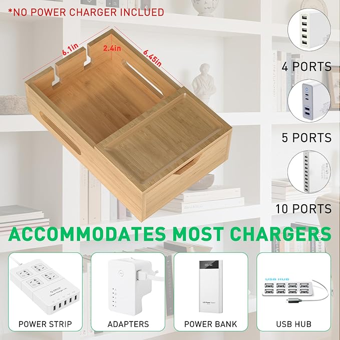 Bamboo Charging Station for Multiple Devices, Desk Charging Organizer with Drawer & Tray, Wood Docking Station Included 6 Cables, Compatible with iPhone Devices, Cell Phone, Tablet (No USB Charger)