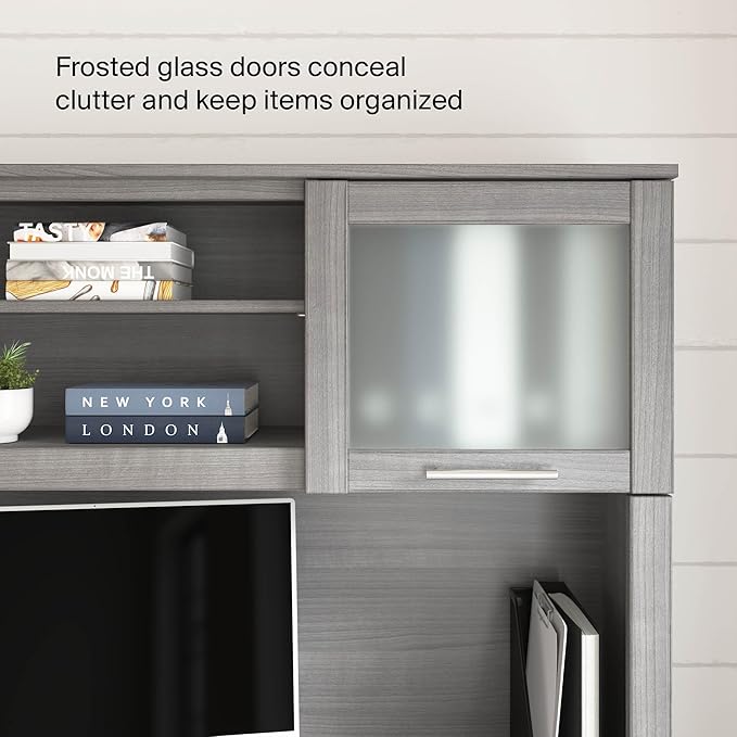 Bush Home 60-Inch Desk Hutch, Office Storage Organizer with Shelves, Cubbies and Frosted Glass Doors for Computer Desk, Home Office Furniture, Somerset Collection, Platinum Gray