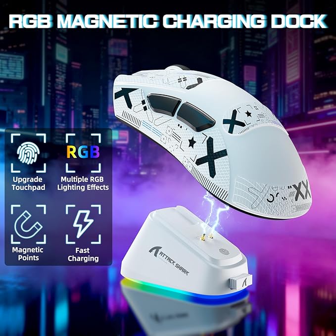 ATTACK SHARK V3 PRO Wireless Esports Gaming Mouse with Magnetic Charging Dock:62g Lightweight-1K Polling-25K DPI-PAW3311 Sensor,Wired/BT/2.4Ghz Programmable,BK52820 IC for PC Laptop Gamer(White+Tape)