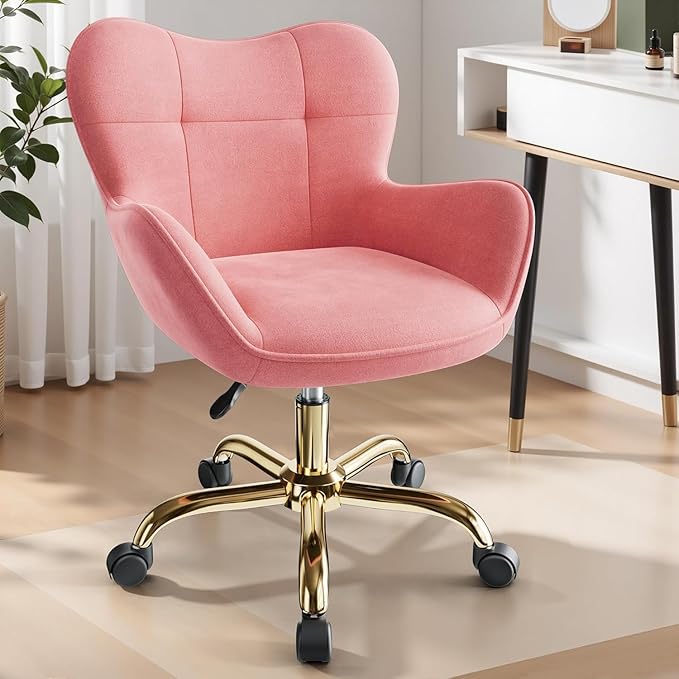 Vanity Chair with Wheels, Cute Home Office Desk Chairs Adjustable Height for Living Bedroom, Small Modern Fluffy Velvet Makeup Chair with Back for Girls (Pink)