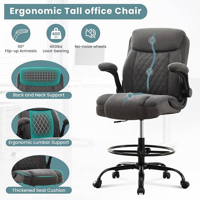 MAHOMICO Drafting Chair for Standing Desk – Tall Office Chair with Adjustable Height & Foot Ring, Flip-Up Arms, Lumbar Support – Comfortable Fabric Seat, Ideal Home Desk Chair