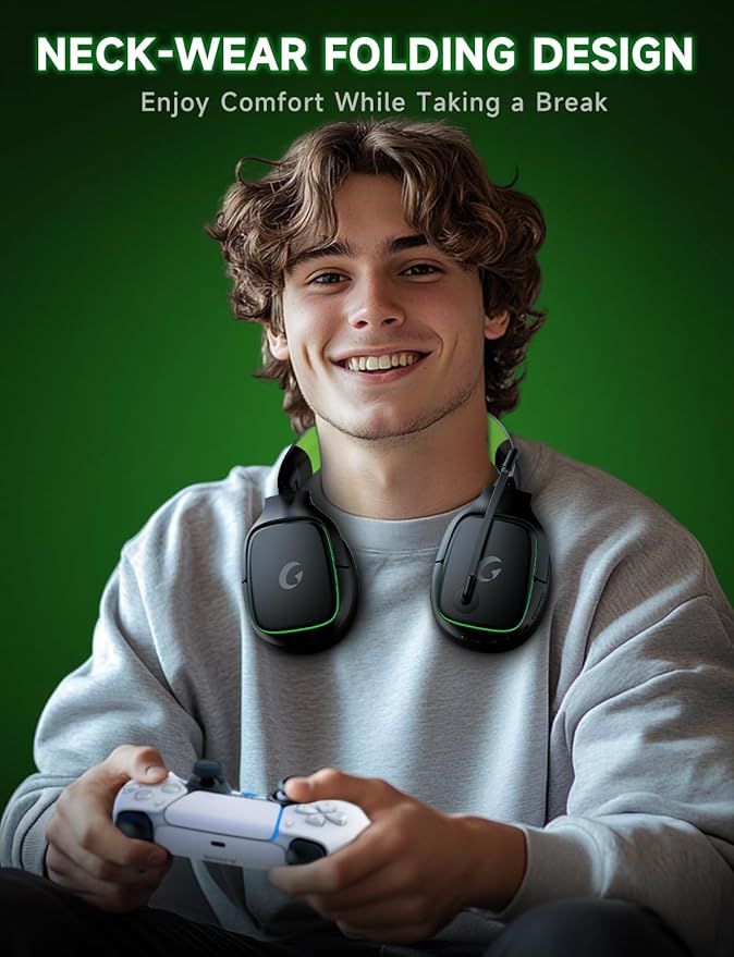 Gvyugke 2.4GHz Wireless Gaming Headsets for PS5, PS4, PC, Switch - Bluetooth 5.3 Gaming Headphones with Noise Canceling Mic, 7.1 Surround Sound, 70H Battery, Blue Lighting - Black Green