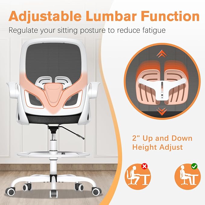 ORRSAKER Drafting Chair Tall Office Chair for Standing Desk, Breathable Mesh Ergonomic Computer Desk Chair with Flip-Up Armrests, Adjustable Lumbar Support and Footrest Ring,300 LBS，White