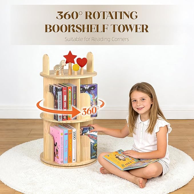 Kryonix Rotating Bookshelf for Kids, Solid Pine Wood Spinning Bookshelf Tower 2 Tier, 360° Revolving Bookcase, Multi-Functiona Corner Round Turning Book Shelf Organizer for Small Spaces