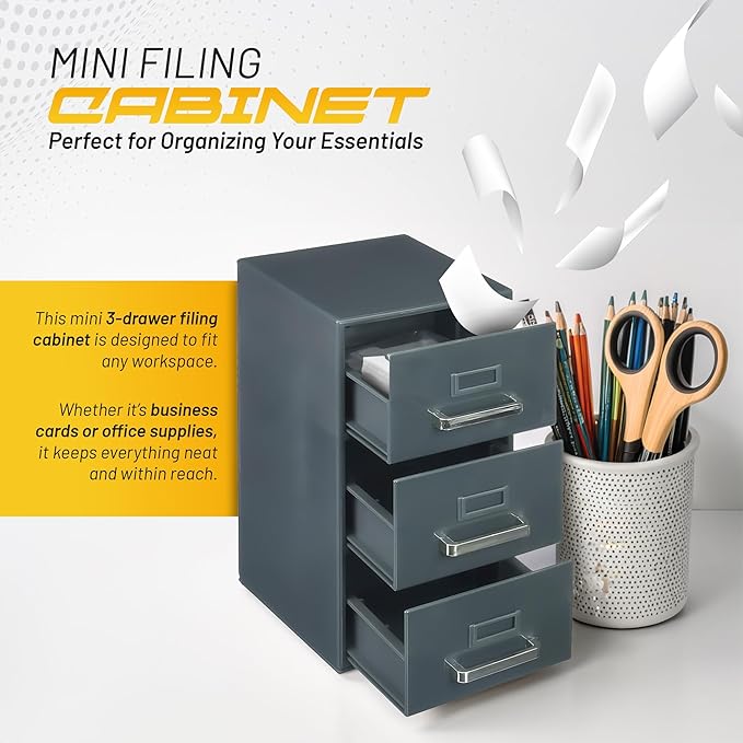 Desktop Mini Filing Cabinet | Business Card Organizer & Storage | Desktop Organizer | 3 Drawers | Gray | 8.75H x 4.5W x 5D inches (Pencil Case Not Included, For Size Reference Only)