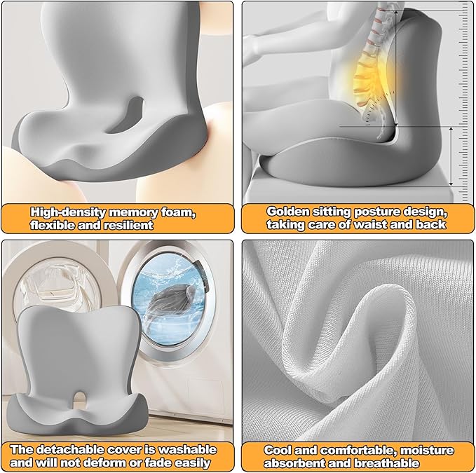 Grey,Back and Seat Cushion, 2025 New Ergonomic Non-Slip Memory Foam Seat Cushion with Back Support, L-Shaped Breathable Seat Cushions for Car, Office, Home