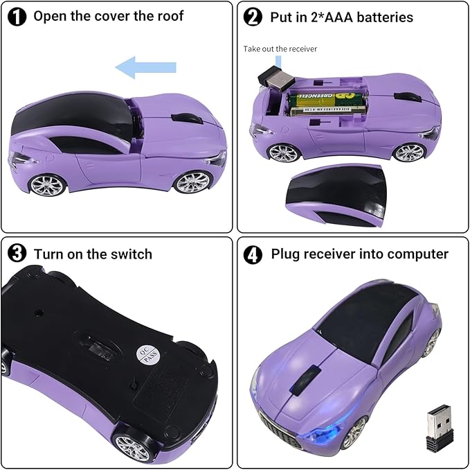 elec Space Wireless Mini Mouse with Case - Cute Sports Car Shape, Lightweight & Portable, 10m Range, Plug and Play (Purple)
