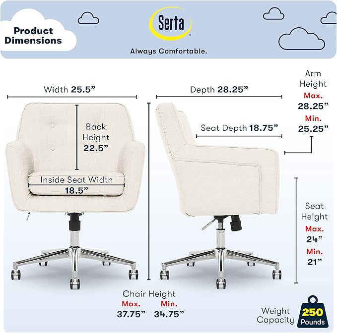 Serta Ashland Home Office Desk Chair with Button Tufted Mid-Back, Memory Foam Cushion and Padded Arms, Mid Century Modern Vanity Armchair with Wheels for Bedroom, Chrome Metal Base, Ivory