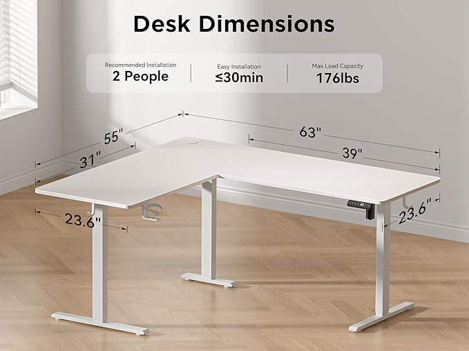 WALKINGDESK 63X55 Inches Reversible L Shaped Standing Desk Height Adjustable with Cup Holder, Electric Corner Computer Desk, Sit Stand up Home Office Desk, Ergonomic Gaming Desk, White