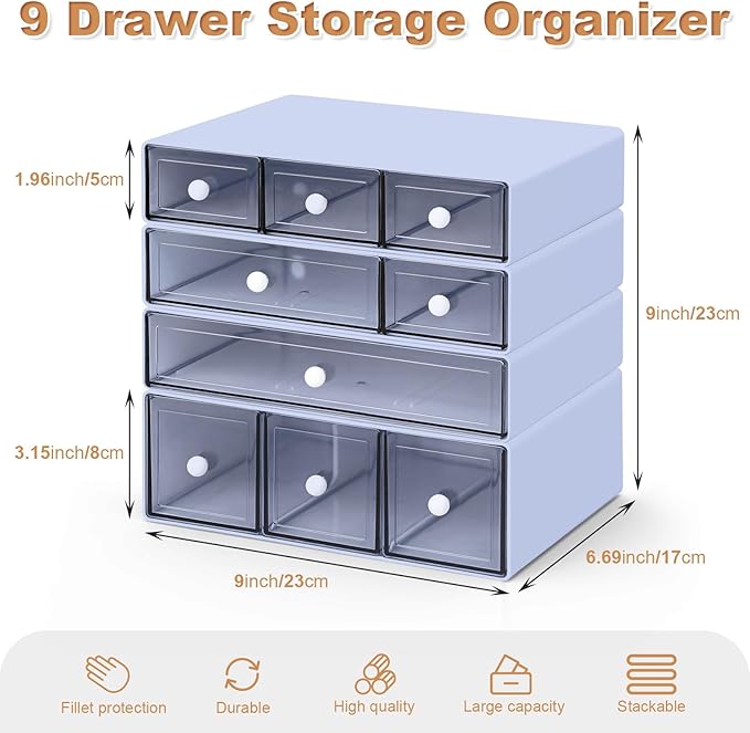 Desk Organizer with 9 Drawers, 4 Tier Plastic Stackable Storage Drawers for Desk Storage, Office Stationary Makeup Organizer Suit for Home, Office and School