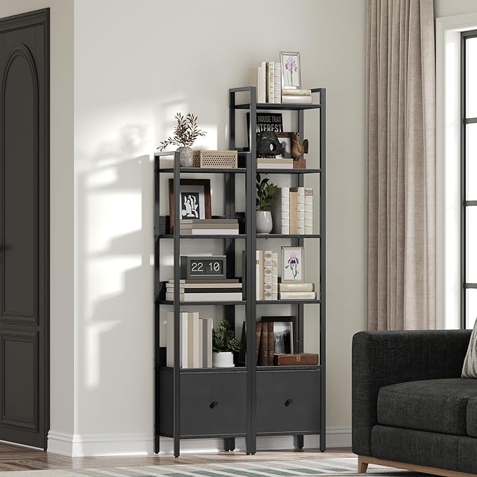 MAHANCRIS Bookshelf, 6-Tier Bookcase with Drawer, Small Book Shelf for Small Space, Storage Shelf Organizer, for Living Room, Bedroom, Study, Kitchen, Black BKHB66101