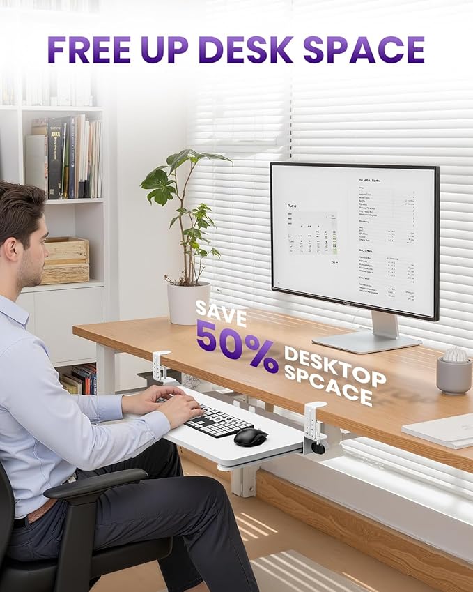 Ergonomic Mouse & Keyboard Tray Under Desk, Pull Out with Adjustable C-clamp, 20 (25.9 Including Clamps) x 11.8 Inch Slide Out Computer Keyboard Drawer Mouse Tray for Typing, White