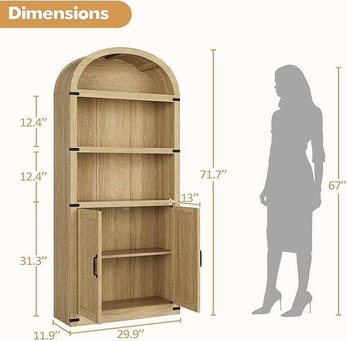 GarveeHome Bookcase with Doors Arched Bookshelf 71.65 in Tall Bookcase Farmhouse Cabinet with Shelves Wooden Bookshelves for Home Office, Living Room (Light Oak)