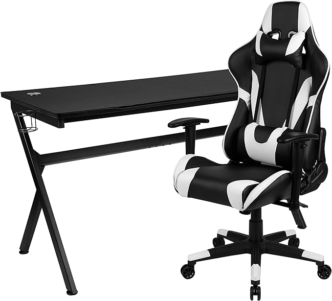 Flash Furniture Gaming Desk and Black Reclining Gaming Chair Set /Cup Holder/Headphone Hook/Removable Mouse Pad Top - Wire Management