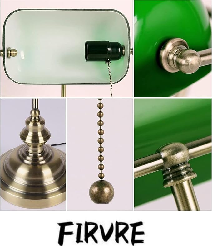 FIRVRE Green Glass Bankers Desk Lamp, Vintage Lamp with Brass Base, Traditional Library Lamp with Pull Chain for Home Office, Study Room (LED Bulb Included)