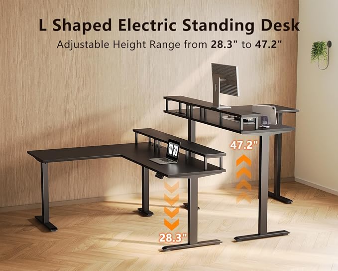 AODK Electric L Shaped Standing Desk with Monitor Stand, 59 Inch Height Adjustable Corner Desk with Power Outlets, Large Sit Stand Table, Reversible Computer Desk for Home, Office, Black