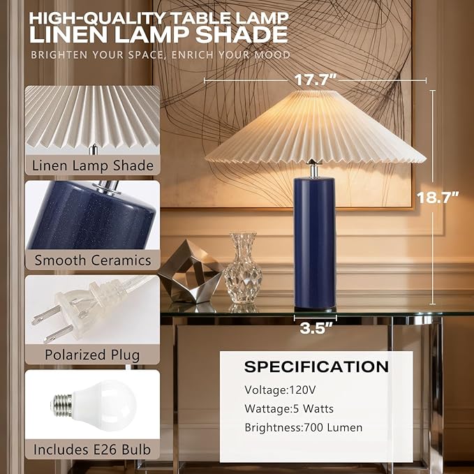 EOEYYOYB Ceramic Table Lamps for Bedroom, Adjustable Shade Lamps for Night Stands, Modern Cylindrical Nightstand Table Lamps 5W E26 for Bedroom Bedside Buffet, Blue