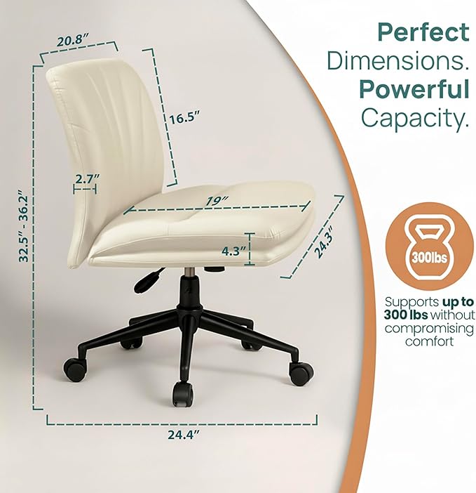 NYPOT Armless Desk Chair with Wheels for Criss Cross Sitting - Cross Legged Wide Armless Chair - Adjustable Vanity 360° Swivel Stool and 120° Rocking Wide Seat Comfy for Home and Office, Color Ivory