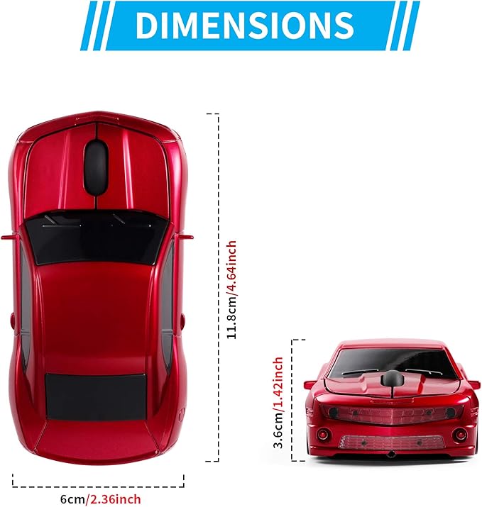 Wireless Car Mouse [Updated] with LED Headlights, 1600 DPI Sports Car Shaped Mouse for Mac, Computers, Red