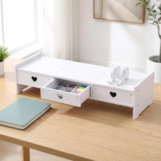 Tofficu Computer Monitor Stand Riser with 3 Drawers - Desktop Organizer with Phone Holder, White Desk Shelf for Laptop, Office Supplies & Workspace Storage