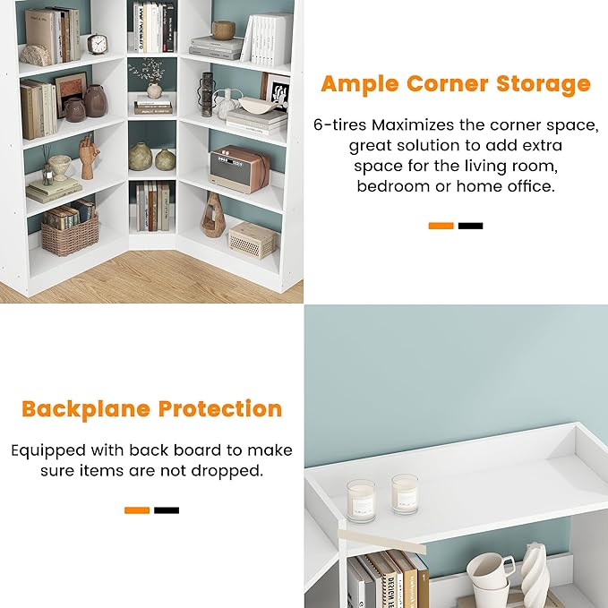 Semoic 6 Tiers Corner Bookshelf and Bookcase with Baffle, 63.1" Tall Modern L-Shaped Storage Display Book Shelf Industrial Bookshelves for Bedroom, Living Room, Kitchen, Home Office, White