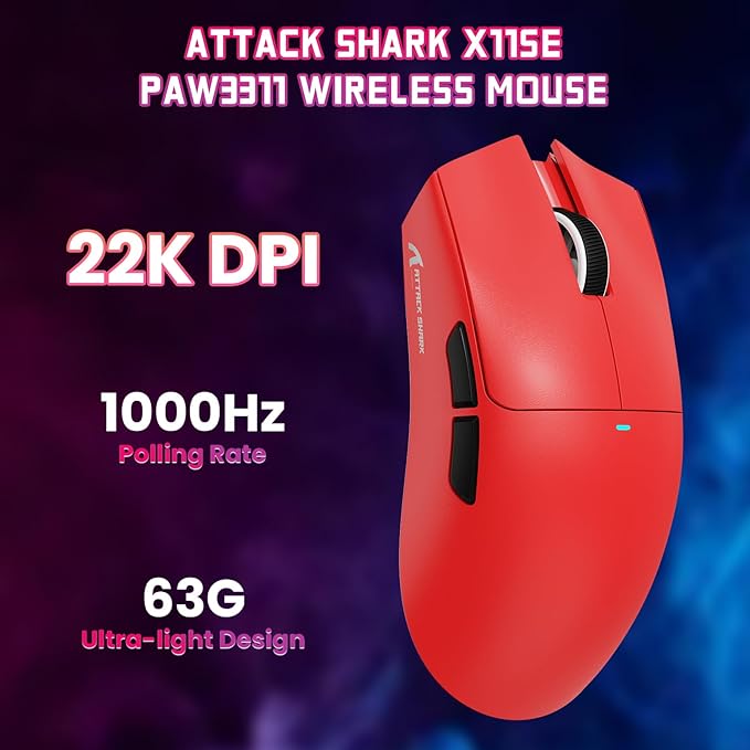 ATTACK SHARK X11SE Lightweight Wireless Gaming Mouse, 59g Tri-Mode BT/2.4G Wireless/Wired Gaming Mouse, PixArt PAW3311 Gaming Sensor, 22000 DPI, Office Mice for PC/Xbox/Win/Mac (Red)