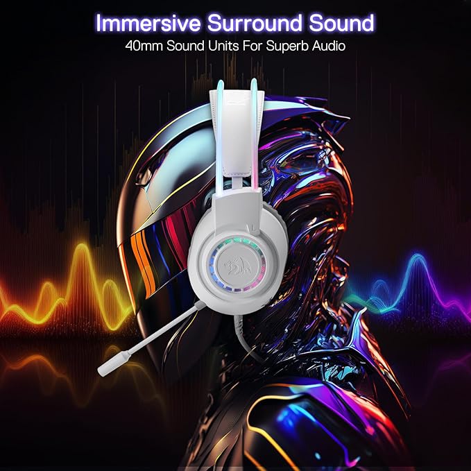 Redragon H231 Scream Wired Gaming Headset, Stereo Surround Sound, 40mm Drivers, Leather Foam Ear Pads, Noise-canceling Microphone, Dynamic RGB Lighting, Works with PC/PS4/PS5/NS/Xbox-one, White