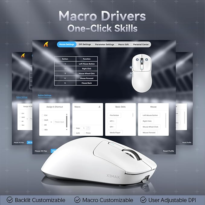 MAMBASNAKE Attack SHAKR X3MAX Wireless Gaming Mouse,PixArt PAW3950 42000 DPI,49g Ultralight Tri-Mode(BT5.4/2.4GHz/Wired), 1K Polling Rate Programmable Computer Mice for PC/MAC/Win - White