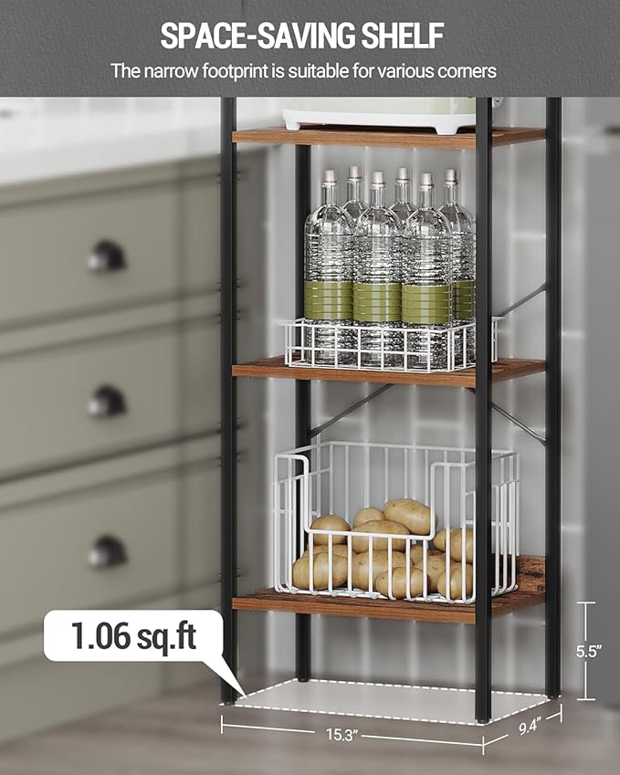 Hzuaneri Bookshelf, Book Shelf, Industrial Bookcase with 2 Hooks, Coner Shelf Storage Organizer for Home Office, Living Room, Bedroom, Kitchen, 6-Tier Rustic Brown BC10701B