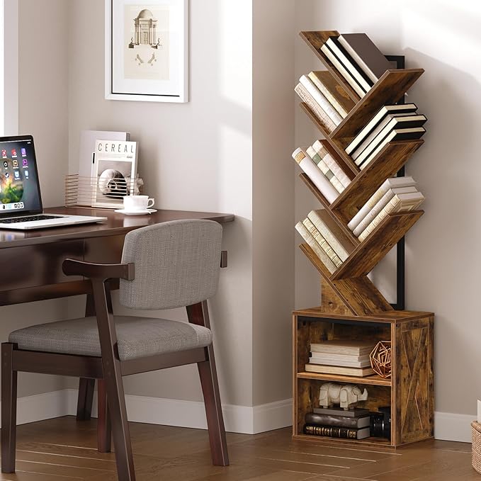RALGEND Tree Bookshelf, 6 Tier Bookcase with 2 Storage Racks, Free Standing Tall Wooden Bookcase, Floor Standing Book Shelf Organizer for Living Room, Bedroom, Study, Home Office, Rustic Brown