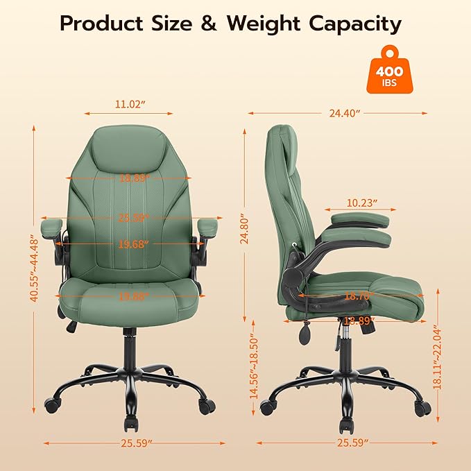 Office Desk Chair, Ergonomic Computer Chair with Padded Flip-Up Arms and Adjustable Lumbar Support, PU Leather Executive Chair with Tilt Lock and 360° Swivel Rolling Wheels for Work, Study