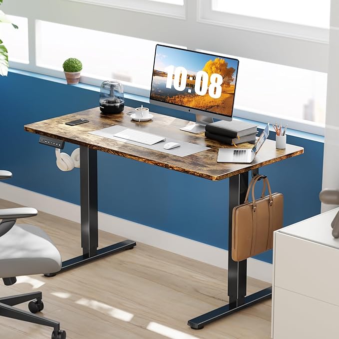 Sweetcrispy Electric Standing Desk Adjustable Height, 40x24 Inch Sit Stand Up Home Office Desks Computer Workstation PC Work Table with 3 Memory Preset Splice Wood Board Metal Frame, Rustic
