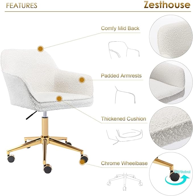 Zesthouse Modern Desk Chair with Wheels, White Swivel Vanity Chair for Girls Women, Upholstered Home Office Chair Boucle Armchair for Bedroom, Height Adjustable Computer Task Chair, Gold Base