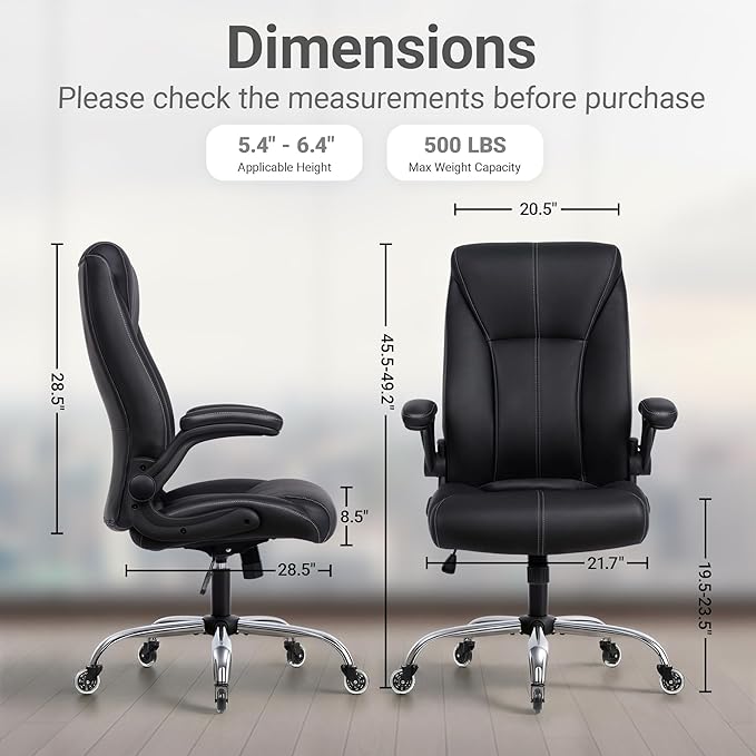 Big and Tall Office Chair for Heavy People, 500LBS High Back Extra Wide Executive PU Leather Office Chair with Flip-Up Armrests, Quiet Rubber Wheels, Comfortable Home Office Desk Chair (Black)
