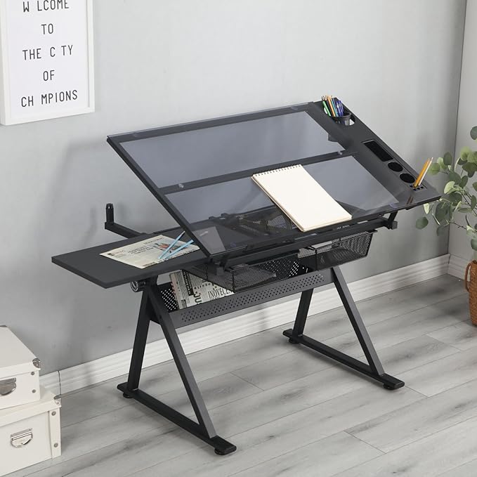 Drafting Table Desk, Painting Table Art Craft Desk Crafting Table with Tilting Tempered Glass Top, 2 Storage Drawers, Height Adjustable