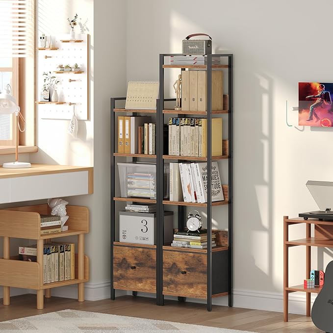 MAHANCRIS Bookshelf, 6-Tier Bookcase with Drawer, Small Book Shelf for Small Space, Storage Shelf Organizer, for Living Room, Bedroom, Study, Kitchen, Rustic Brown and Black BKHR66101